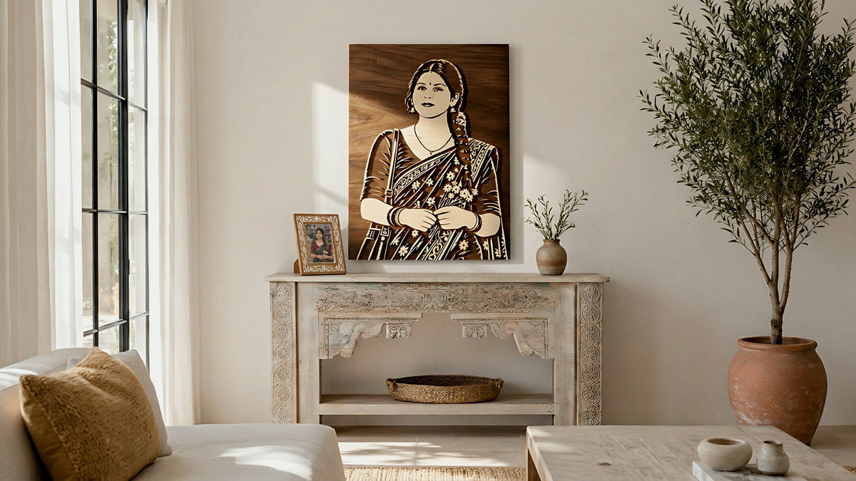 A finished carved portrait on a wall at home