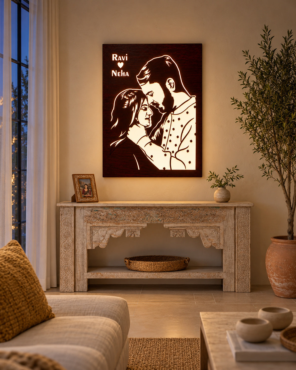 Two-Wood Inlay Backlit — in room (lit, evening)